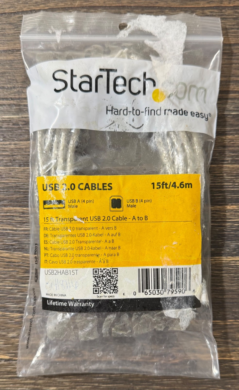 Startech USB2HAB15T 15ft USB 2.0 A to B Cable Transparent
