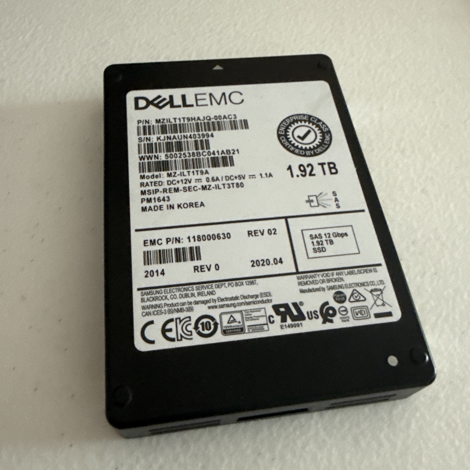 Dell EMC 1.92TB SAS 12Gbps 2.5" SSD Samsung PM1643 MZ-ILT1T9A MZILT1T9HAJQ-00AC3