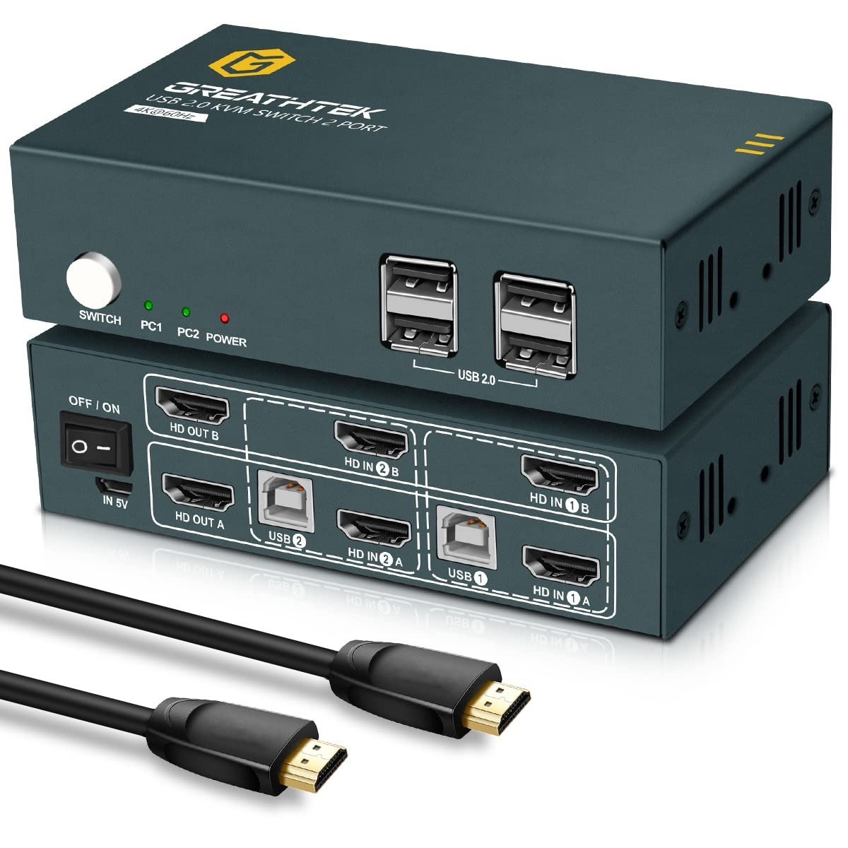 Greathtek KVM Switch HDMI Dual Monitor Extended Display 2-port