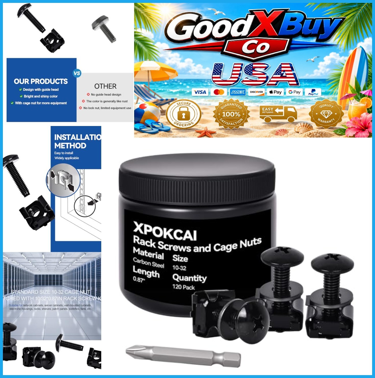 10/32 Rack Screws Cage Nuts & Nylon Washers 120-Pack Carbon Steel Black