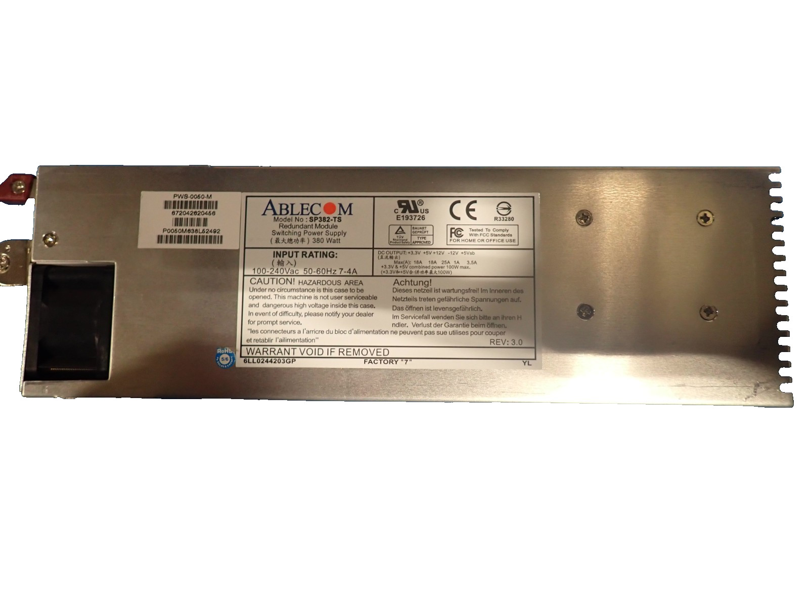 Supermicro PWS-0050-M / Ablecom 380w Hot Swap Redundant Power Supply