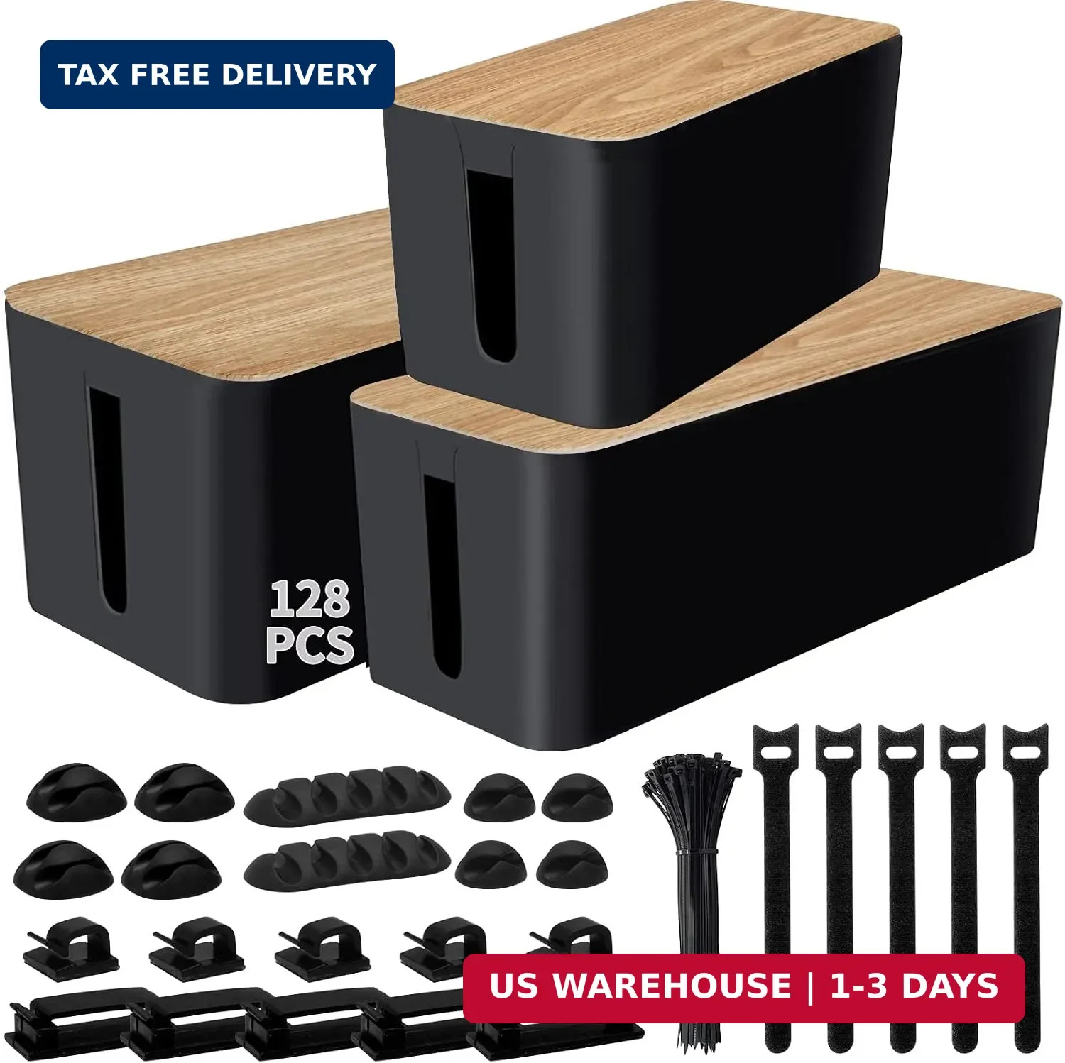 128PCS Cable Management Box 3Pack Cable Management Kit for Power Strip to Hide W