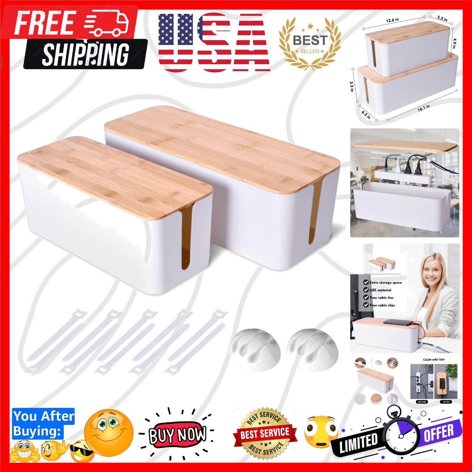 2 Pack Large Cable Management Box – Wooden Style Cord Organizer and Cover for...