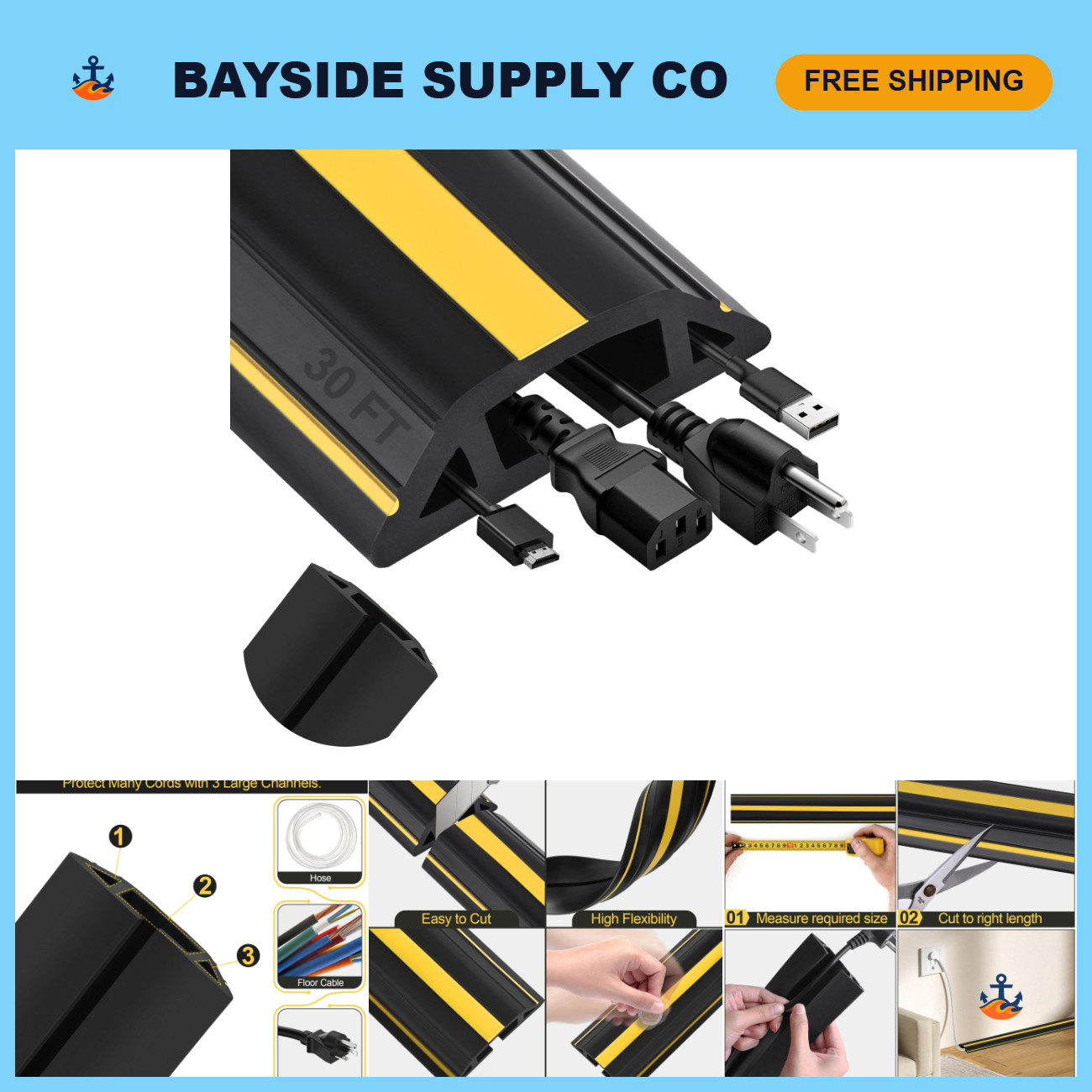 30FT Heavy Duty Floor Cord Cover - PVC Cable Protector, 3 Channels for Home & Of