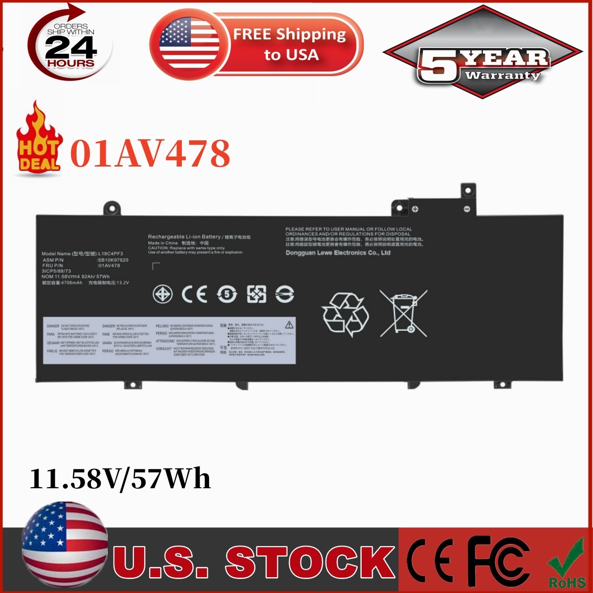 LOT L17L3P71 01AV478 BATTERY FOR LENOVO ThinkPad T480S Series L17M3P71 01AV479