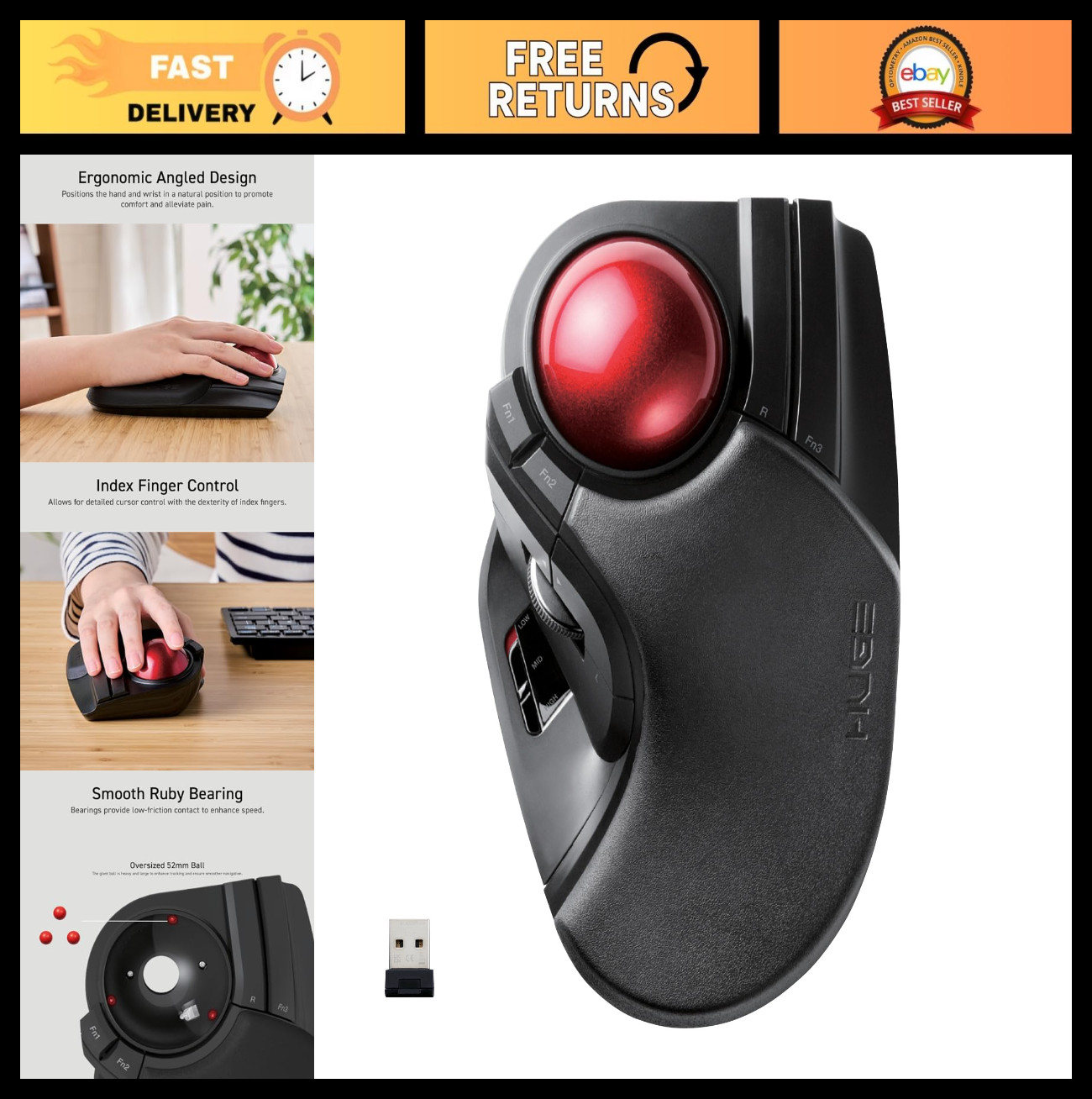 Wireless Trackball Mouse, 2.4GHz USB, Customizable 8-Button, Large Palm Rest, PC