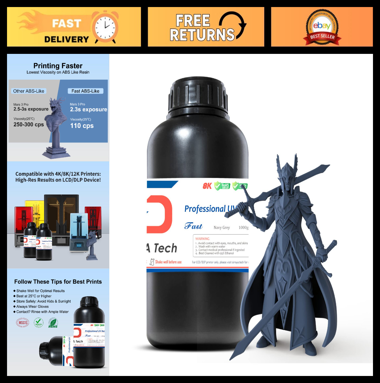 Fast ABS-Like 3D Printer Resin, Non-Brittle, Navy Grey, 1kg for High Detail Prin