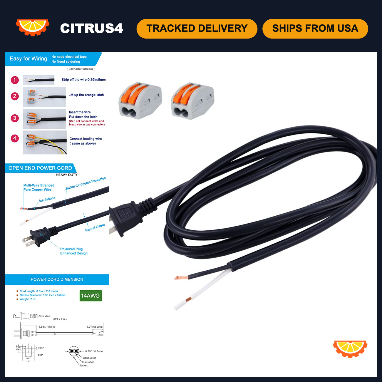 Heavy Duty 6ft Power Cord Replacement - 14AWG 2 Prong AC Cable, Polarized Plug,
