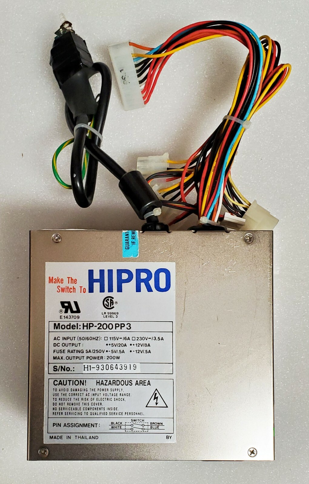 Hipro HP200PP3(not HP200PP3N) AT 200 Watt Power Supply with AC Switch, 