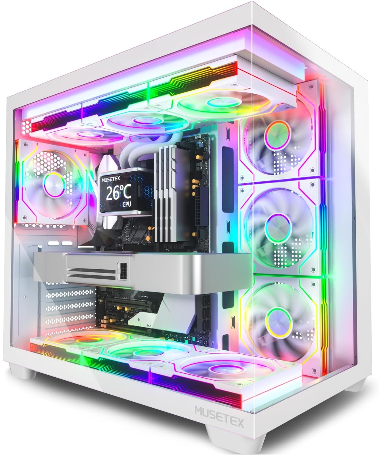 Musetex Y6 Infinity Mirror PWM ARGB Fans ATX Mid Tower PC Case 16.73"D x