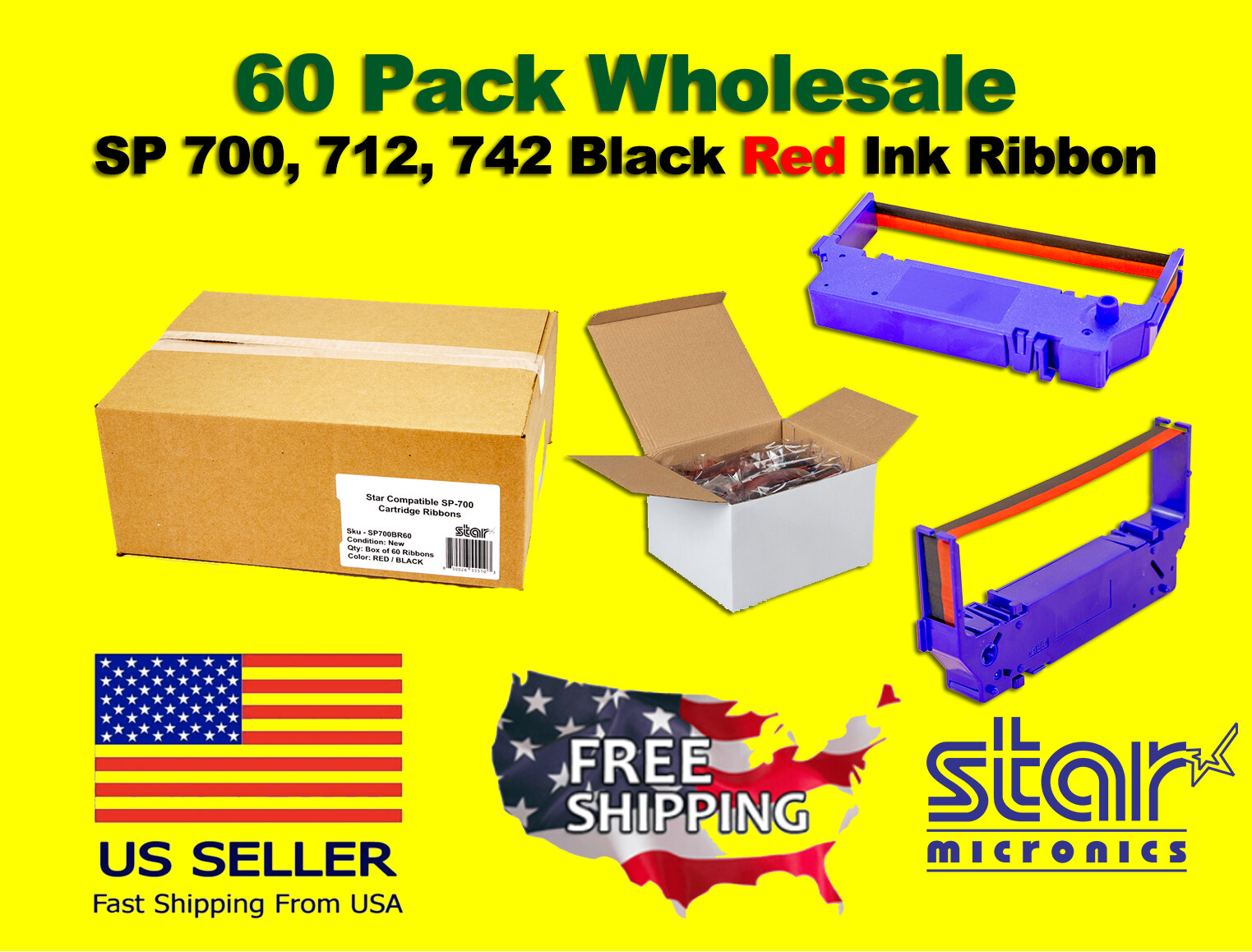 60 PACK - STAR SP-700 BLACK / RED Ribbon Ink RC700BR, SP700, 712, 742 Low Price