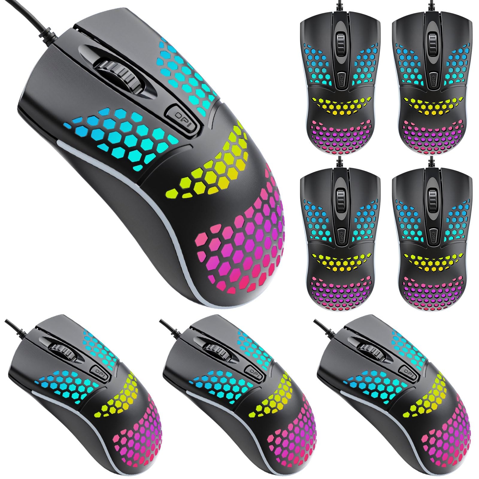 8 Pack RGB LED Optical USB Wired Ergonomic Computer Office School Mice Mouse Kit
