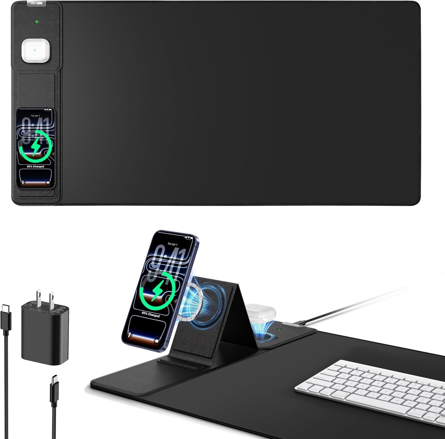 Mouse Pad with Magnetic Wireless Charging & Adjustable Phone Stand, 31.5"x15.8"