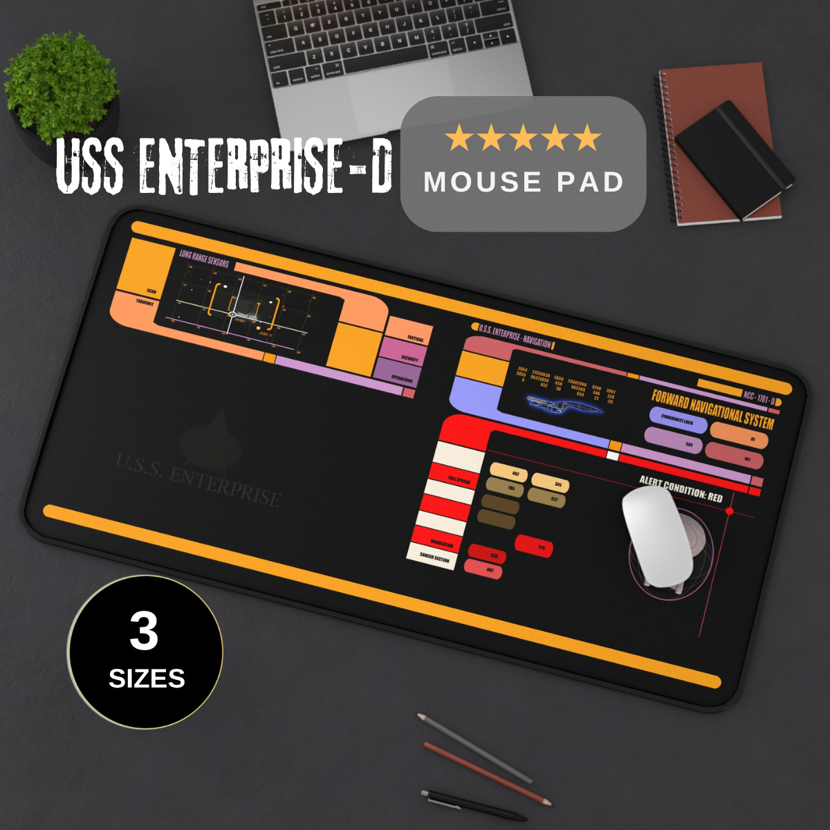 Star Trek LCARS Mousepad, USS Enterprise D Desk Mat I Gaming Pad, Trekkie Gift
