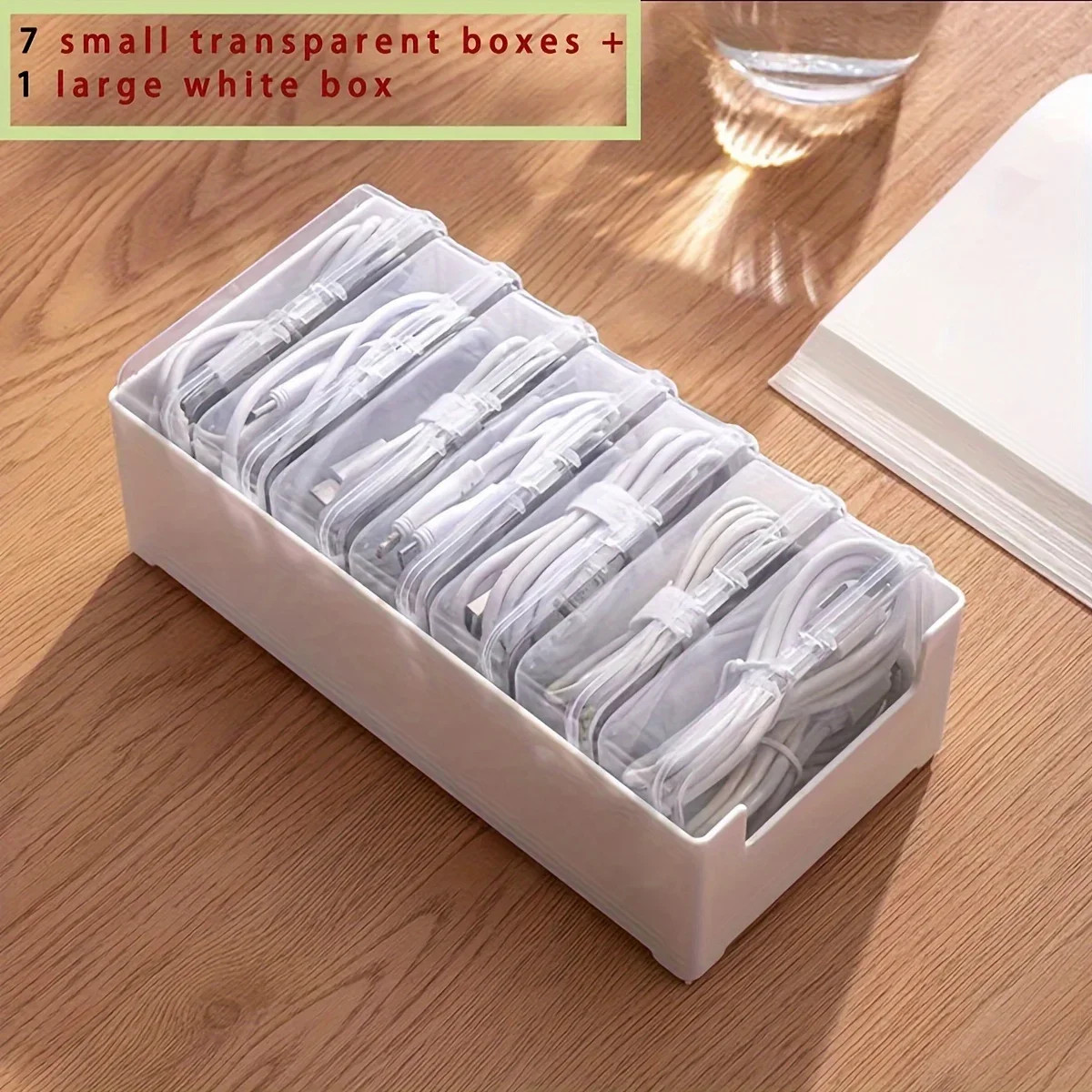 Data Cable Storage Box with 7 Small Compartment Boxes, Desktop Cable Organizer