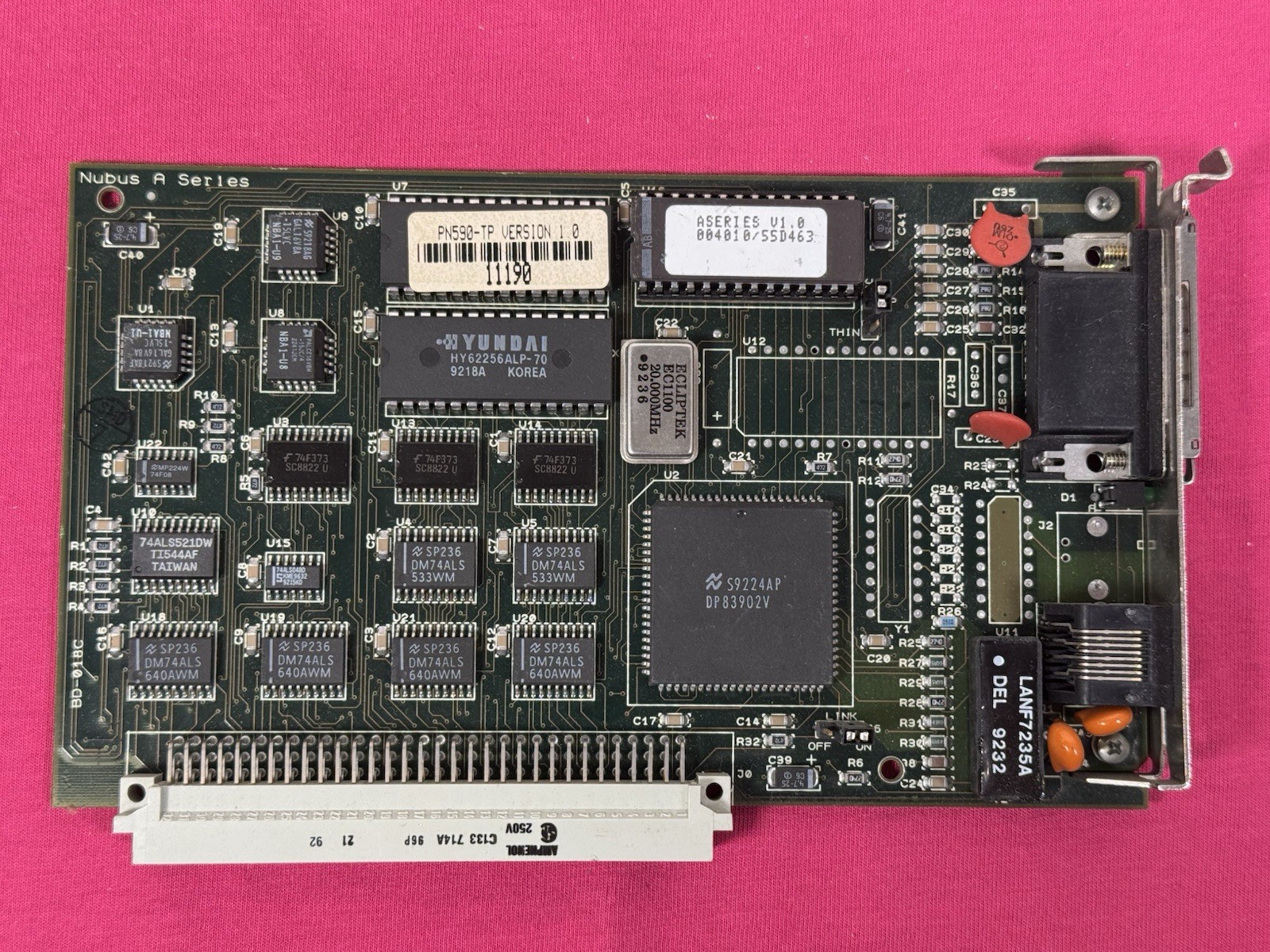 1992 Farallon EtherMac II PN590-TP NuBus Ethernet 10BASE-T RJ45 + AUI DB25 Card