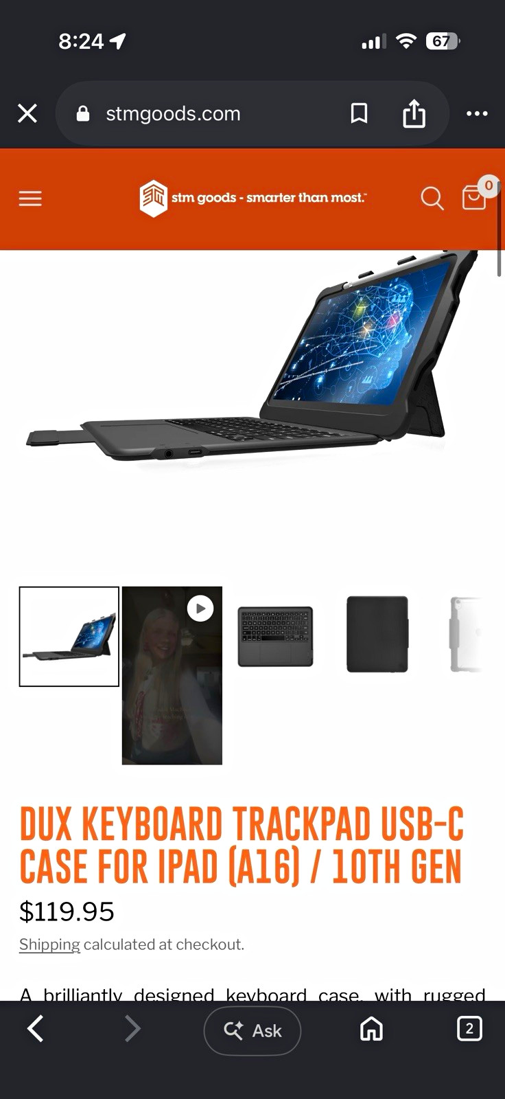STM Dux USB-C Keyboard Folio Case w/ Trackpad for Apple iPad 10th Gen Black
