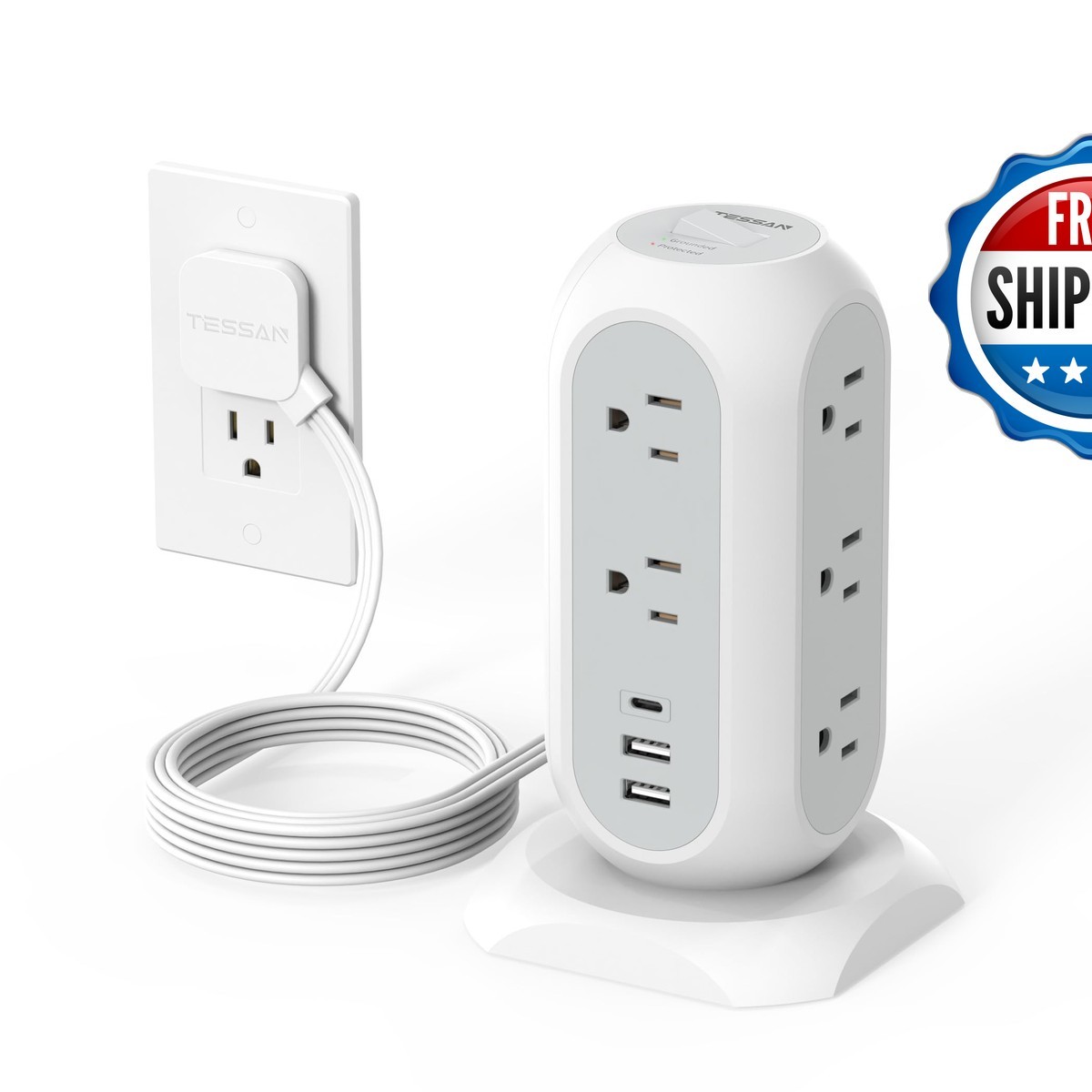 TESSAN Tower Power Strip Flat Plug 1050J Surge Protection 6 Ft Grey