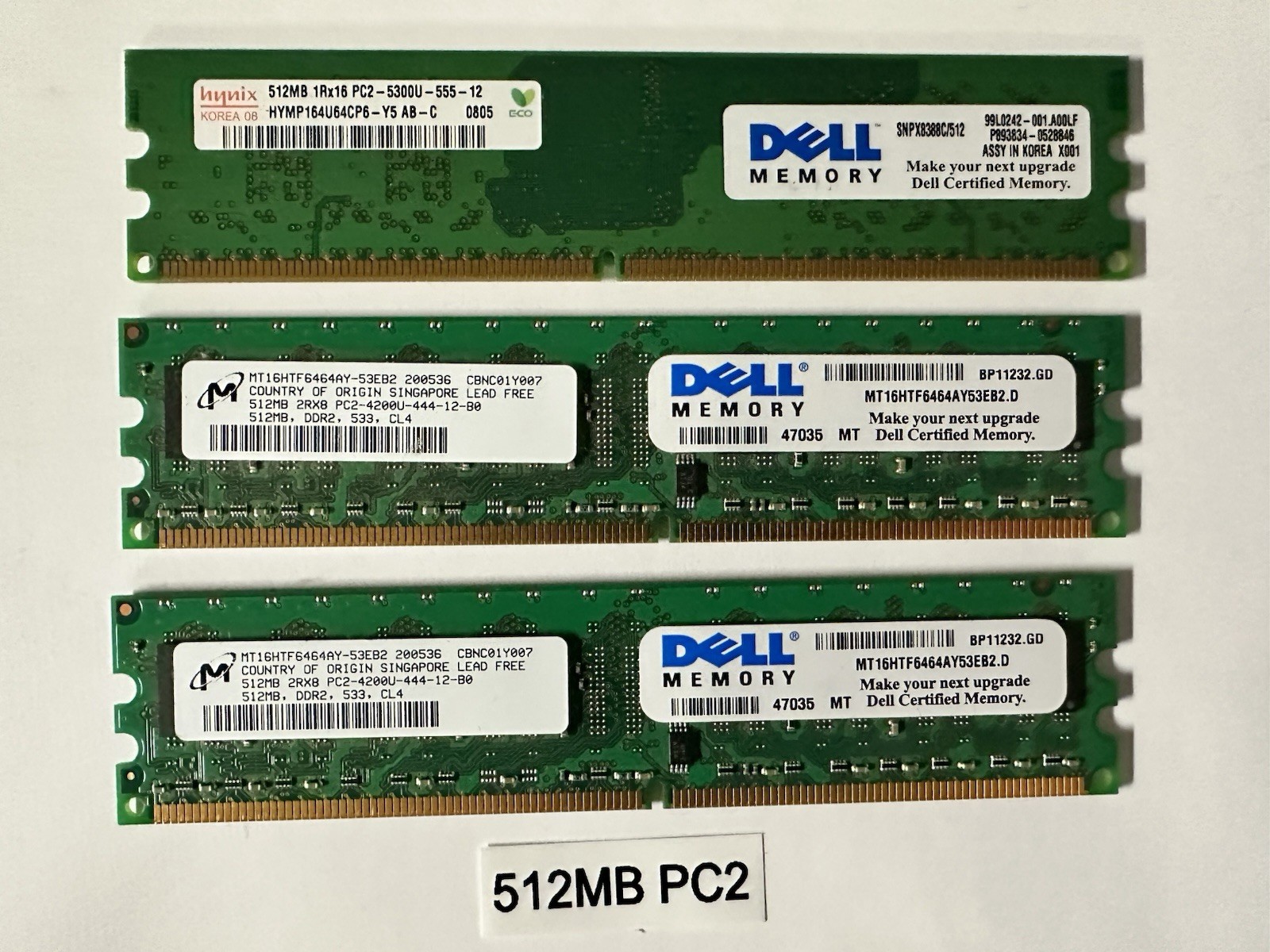 Lot 3x 512MB DDR2 Desktop RAM PC2-5300 PC2-4200 Dell Hynix Micron 1.5GB Tested