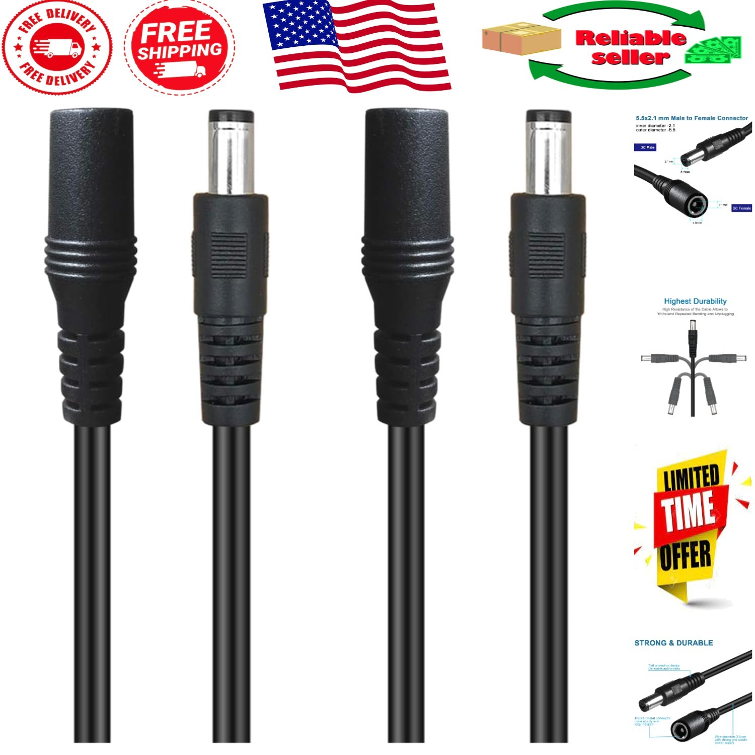 2-Pack 3ft 12V DC Power Extension Cables 5.5mm x 2.1mm for Security Systems
