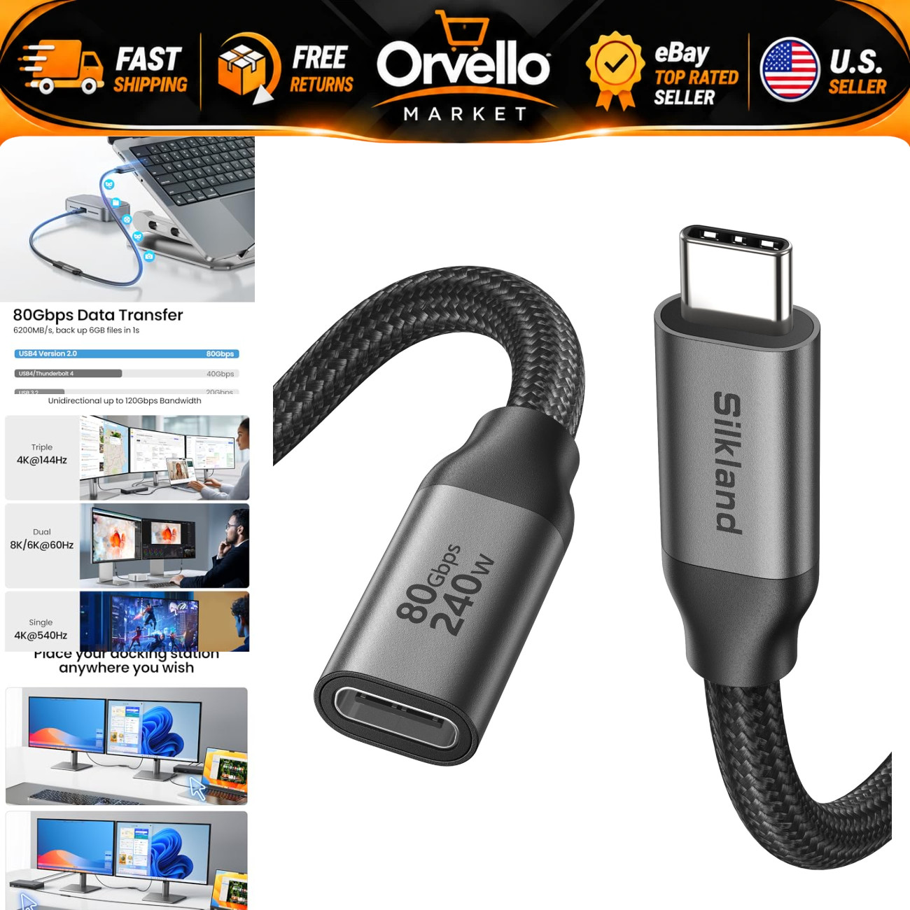 80Gbps USB4 USB C Extension Cable, 240W Power Delivery, Thunderbolt 5/4, 3.3FT