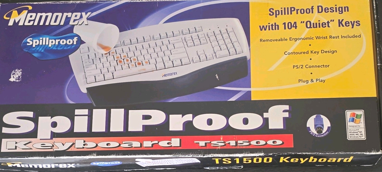 Memorex TS1500 Spillproof Quiet Keys Keyboard w/ Wrist Rest PS/2 White