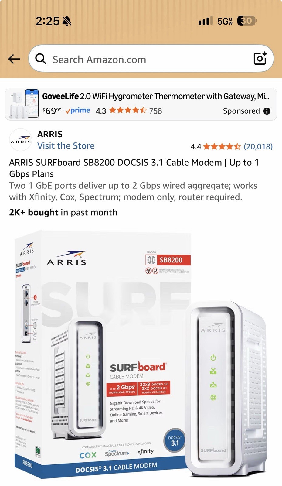 ARRIS SURFboard SB8200 DOCSIS 3.1 Cable Modem | Up to 1 Gbps Plans