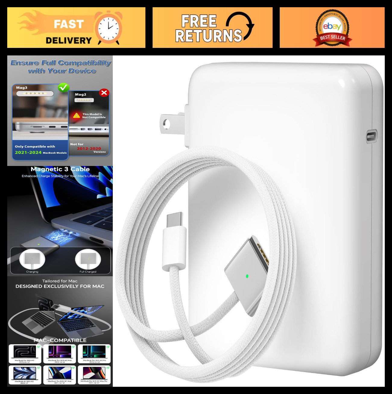 140W Fast Charger for MacBook Pro/Air 13-16" - Type C Magnetic Cable, LED, 2021-