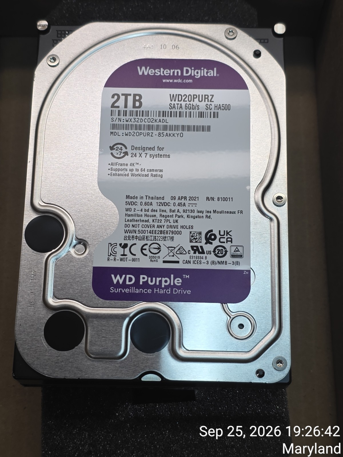 Western Digital 2TB WD Purple Surveillance Hard Drive 3.5" SATA 6Gb/s (WD20PURZ)