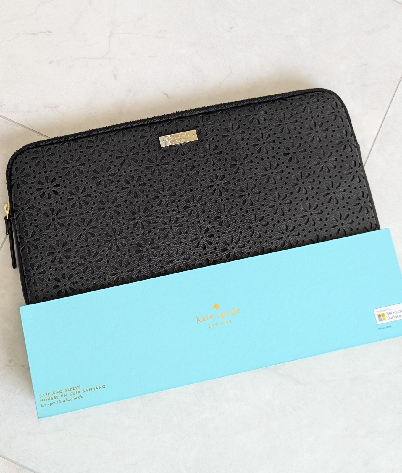 NWT Kate Spade Black Saffiano Leather Laptop Sleeve Laser Cut Fits 13"-13.5"
