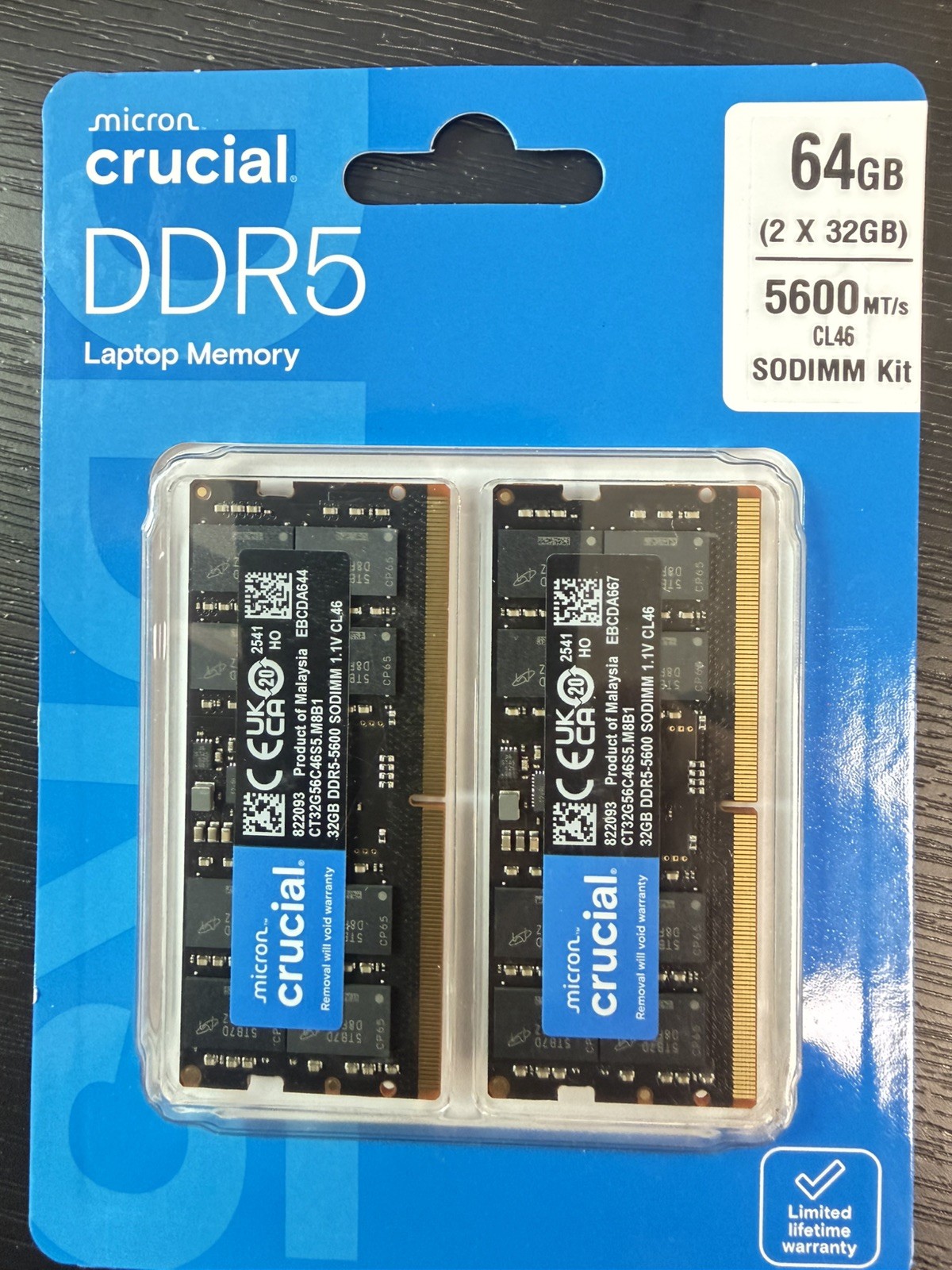 Crucial 64GB Kit (2x32GB) DDR5 5600MHz CL40 Laptop Memory CT2K32G56C46S5