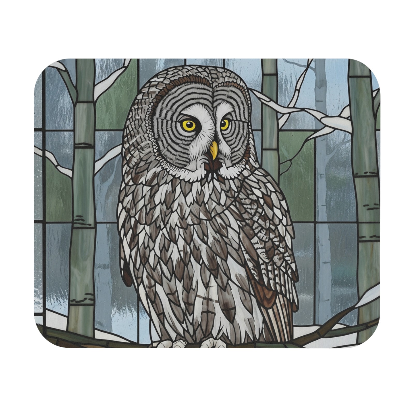 Great Gray Owl Mouse Pad bird watcher avian desk office stained glass look