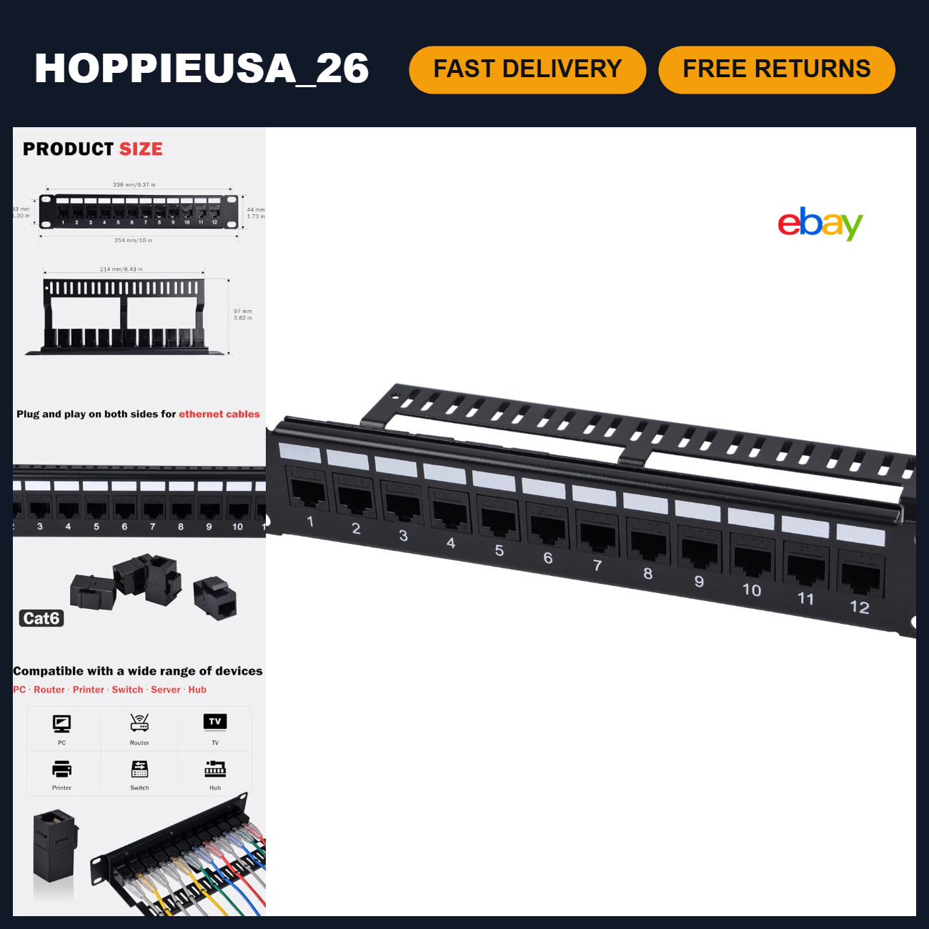 12-Port Cat6 Patch Panel 1U Rack Mount Modular Panel with Keystone Coupler & Cab
