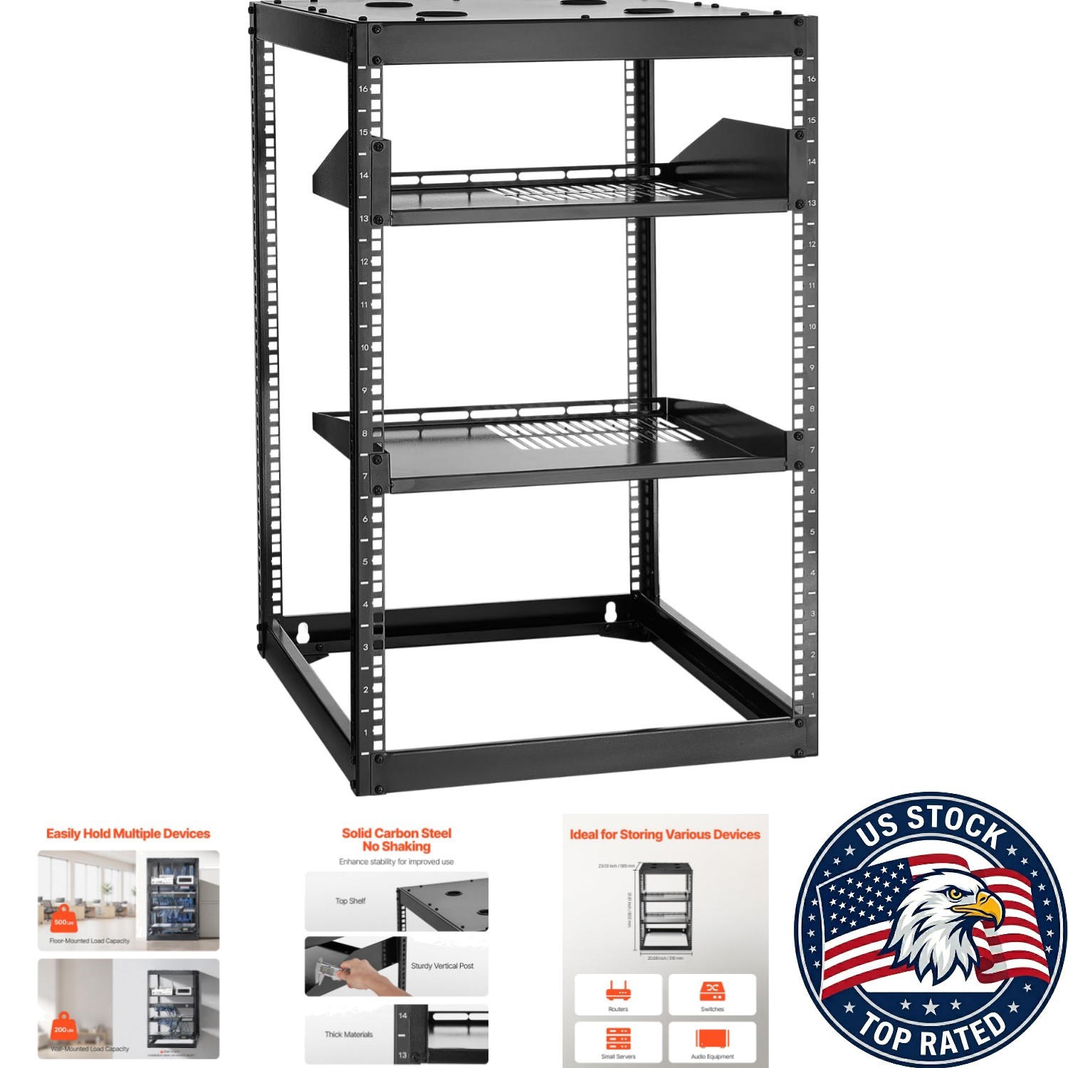 Ergonomic 16U Open Frame Network Rack - Perfect for Small Spaces and Heavy Loads