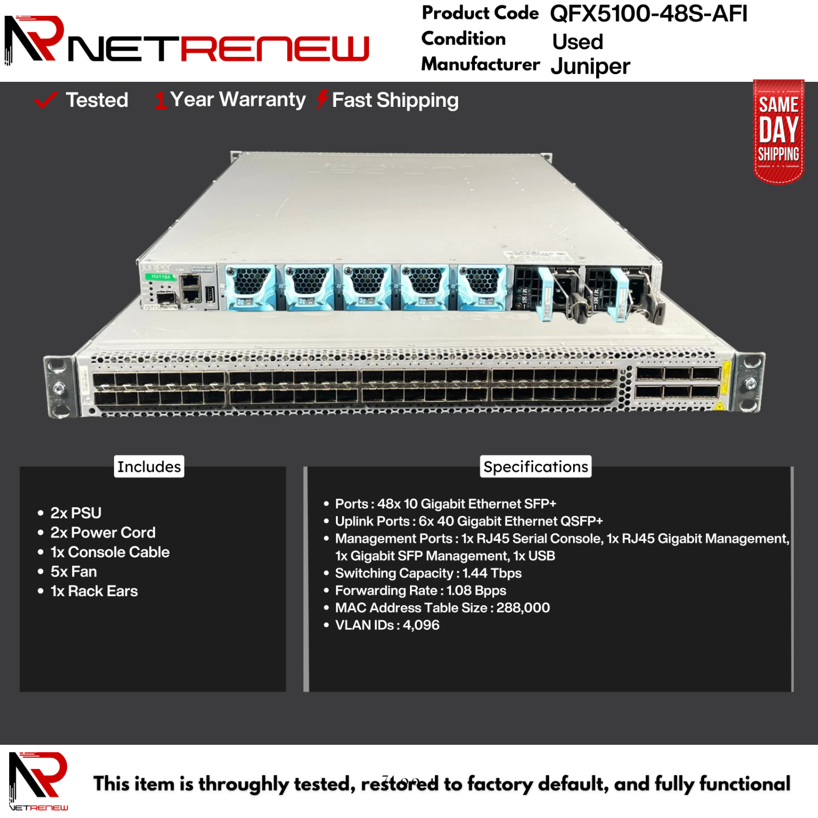 QFX5100-48S-AFI Juniper   Switch 48 Port SFP+ 6x QSFP
