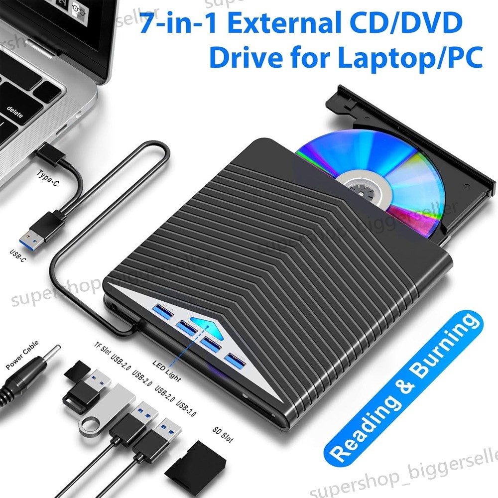 7in1 External USB 3.0 DVD CD RW Writer Drive Burner Reader Player For Laptop PC