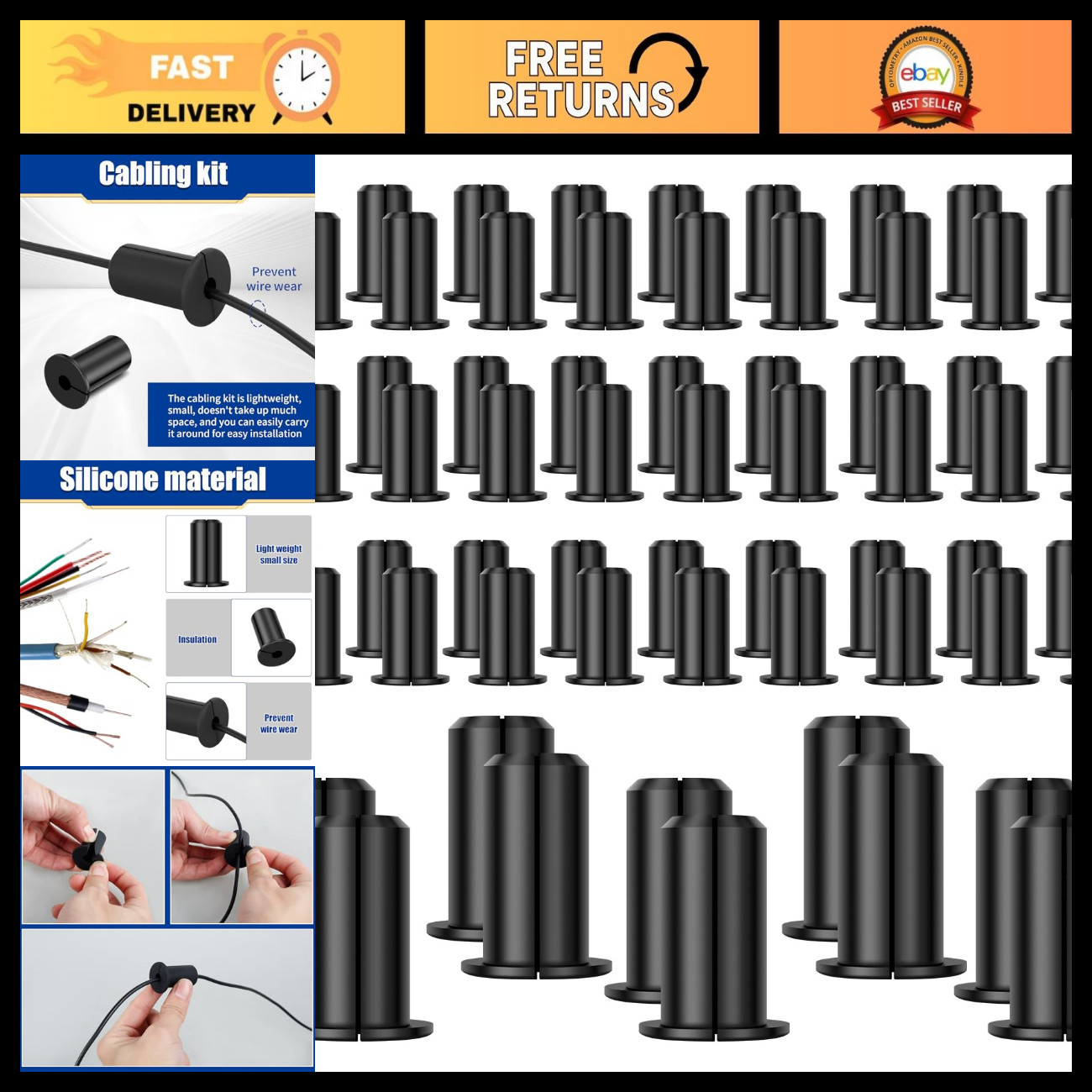 64pcs 3/4" Wall Grommets for Cables - Silicone Cable Pass Through Bushing, Black