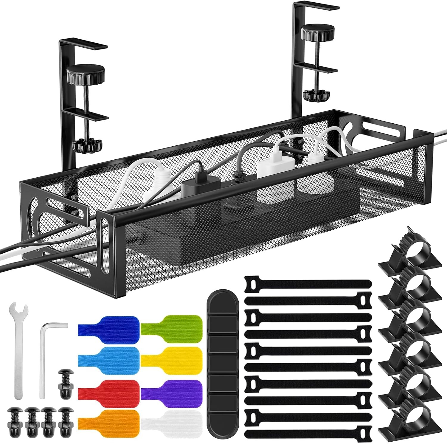 No Drill Under Desk Cable Management Tray, 15.7" Cord Organizer for Table, Cl...