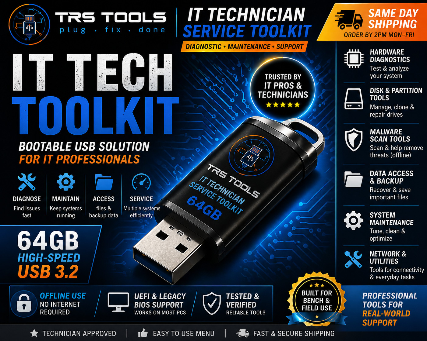 64GB Bootable USB IT Technician Service Toolkit – PC Diagnostics, Maintenance