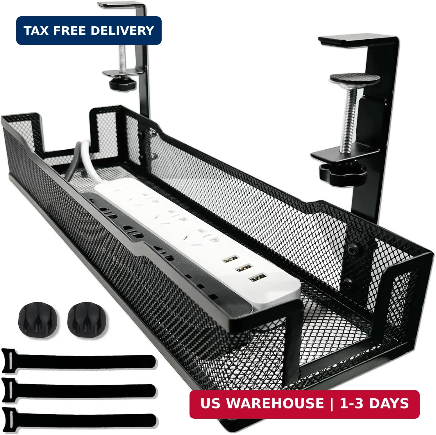 No Drill Under Desk Cable Management Tray with clamp-Premium Wire Tray Cord Orga