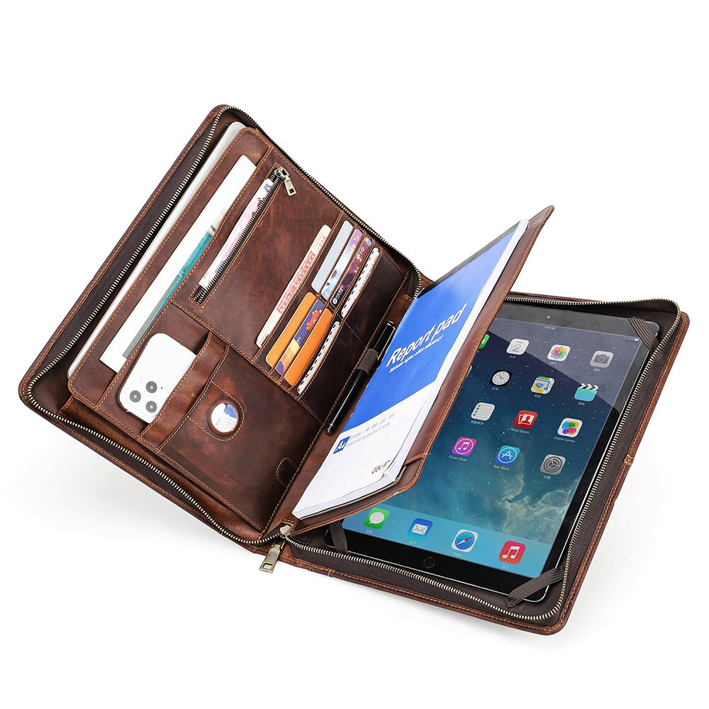 Genuine Leather Portfolio Business Folder Organizer Tablet Case For iPad Pro 13