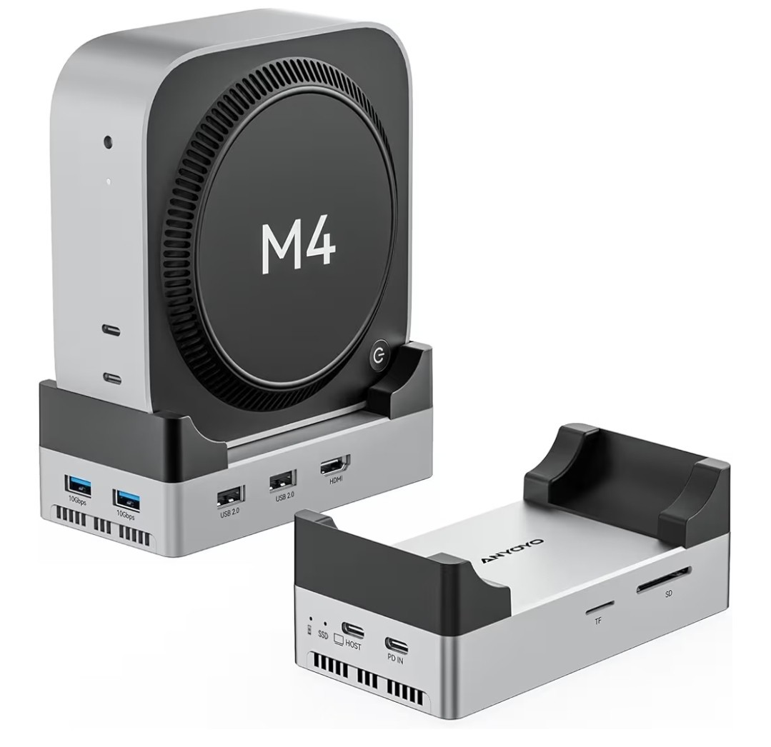 Anyoyo 10Gbps Mac mini M4 Dock Stand NVMe M.2 SSD Dual HDMI 4K@60Hz USB-C USB-A