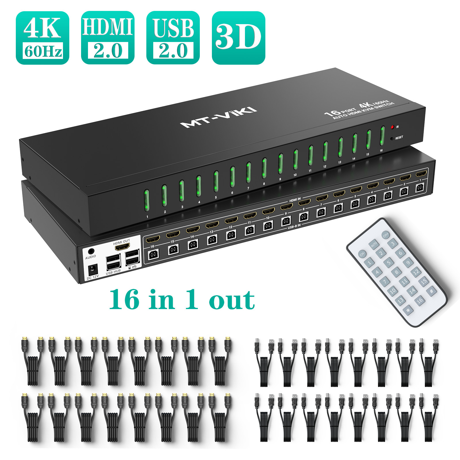 MT-VIKI 16 Port HDMI KVM Switch 4K@60HZ 1U Rack Mount Console w/3.5mm Audio