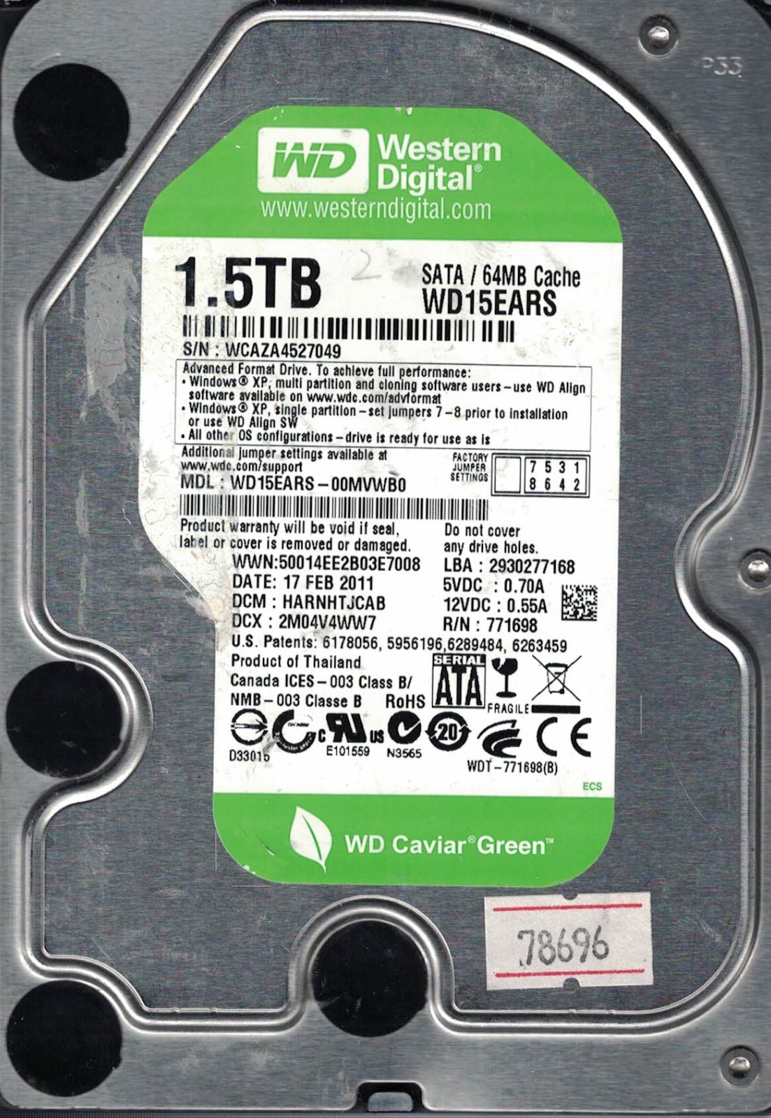 Western Digital WD15EARS-00MVWB0 17 Feb 2011 DCM HARNHTJCAB