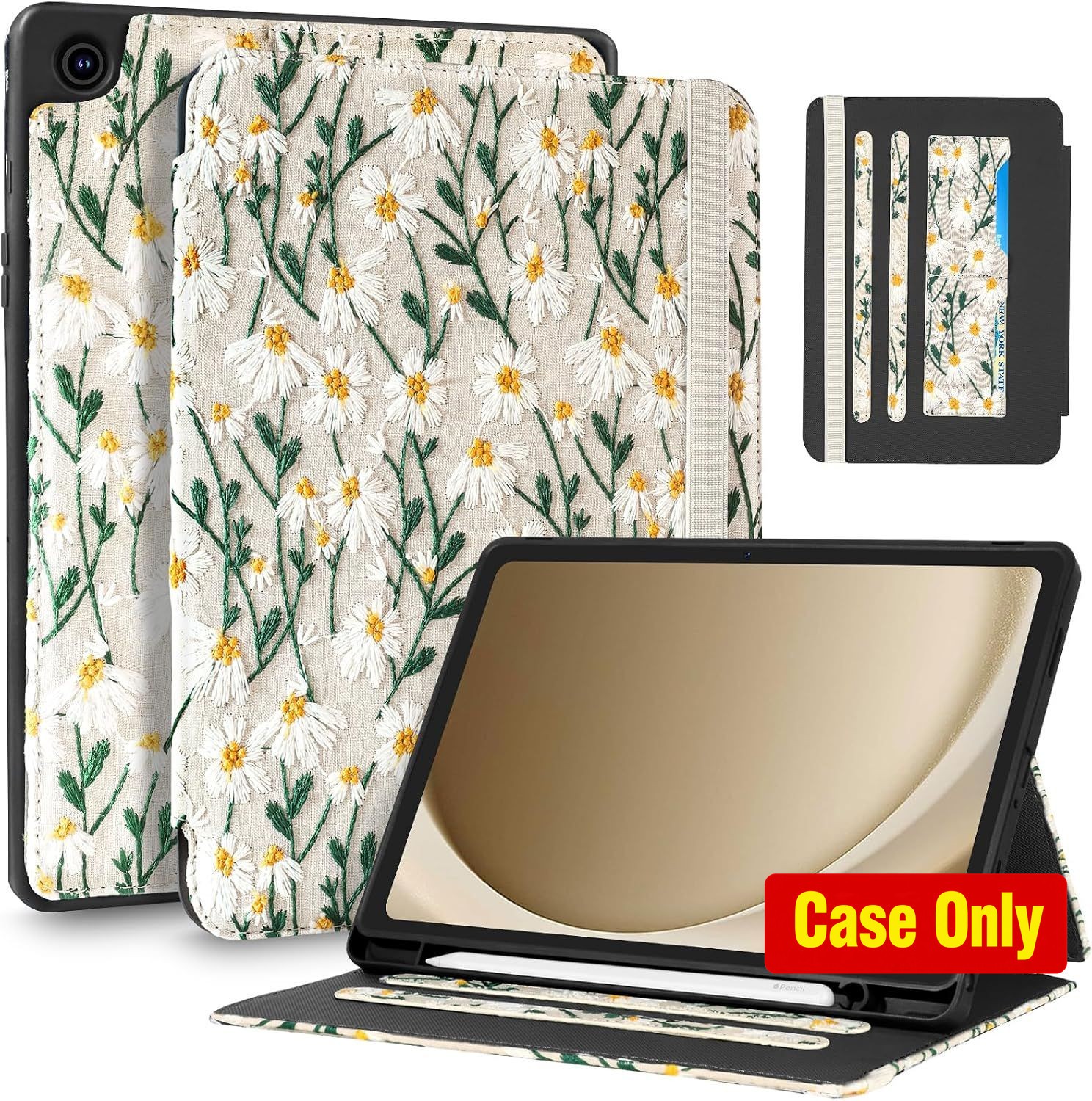 Embroidered Daisy Flower Design Folio Case for Samsung Galaxy Tab A9 Plus 11'