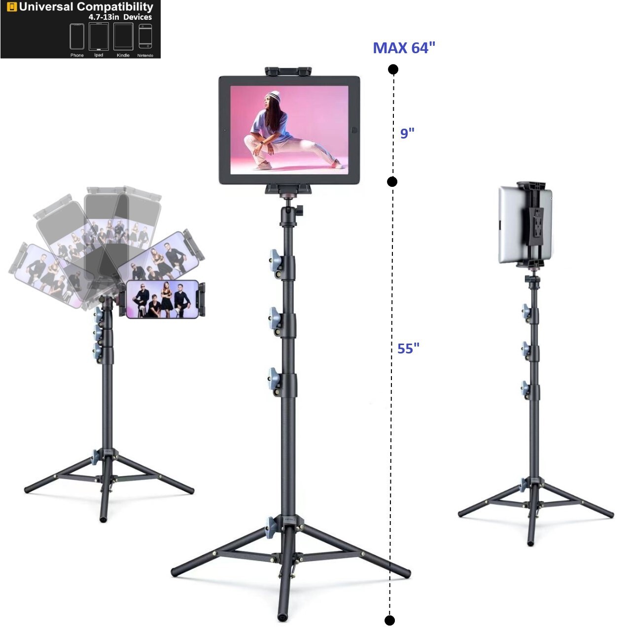 LINCO 55" Adjustable Steel Metal Floor Tablet Tripod Stand for iPad iPhone