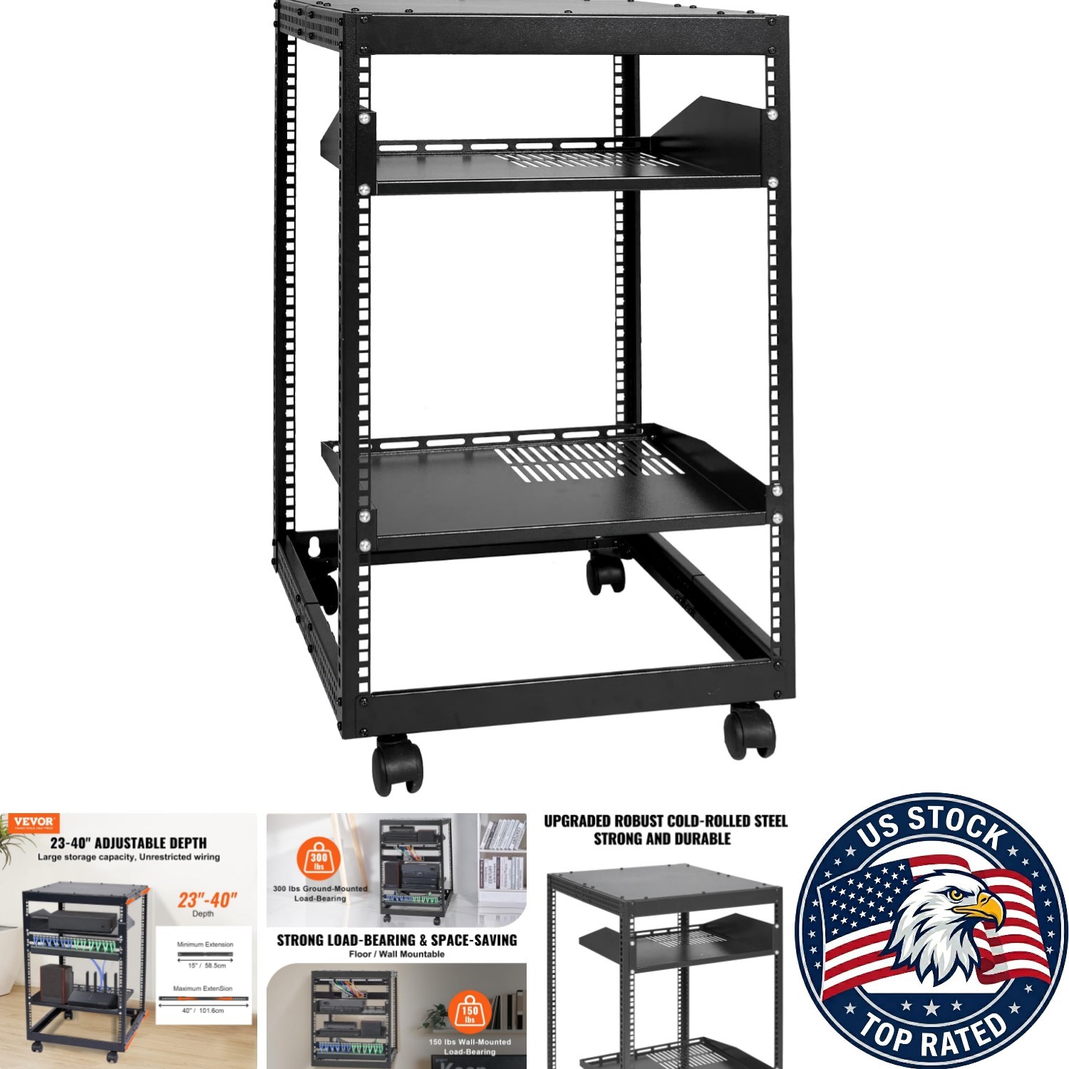 4-Post 15U Network Rack - Free Standing or Wall Mount with Complete Accessories