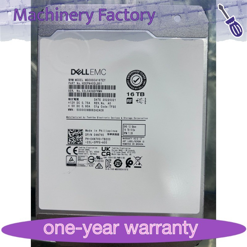 New Dell 16TB 7.2K RPM SAS 12Gb/s 512e 3.5" HDD 04N7V0 MG08SCA16TEY Hard Drive