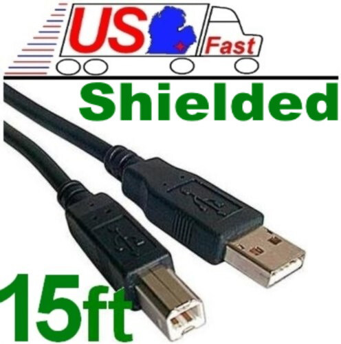 Double Shielded 15ft / Foot AB Hi-Speed USB 2.0 Black Cable Cord Wire {BLACK