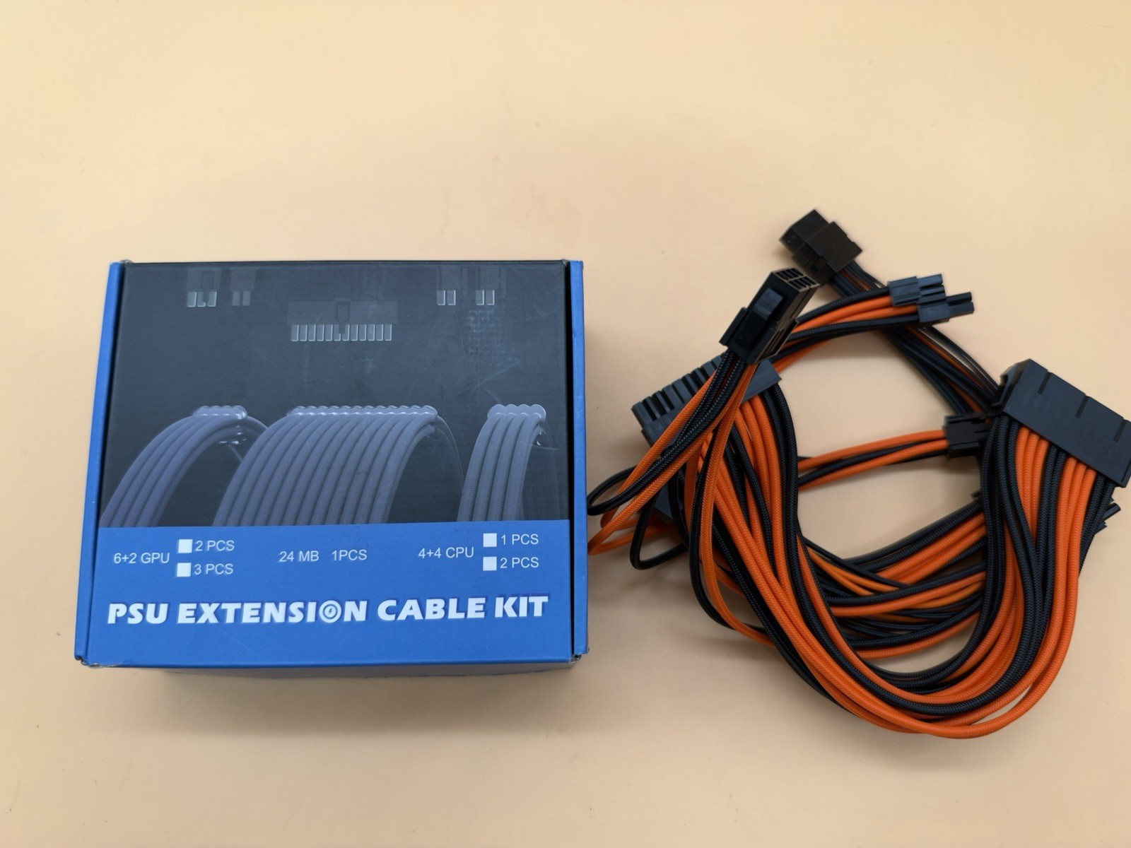Orange Black Sleeved PSU Extension Cable Kit PC Power Supply Cables with Combs